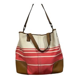 Coach Hadley Twill leather accent wide striped tote satchel shoulder bag